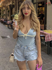 Retro Deep V Neck Crop Top Women Y2k Ruffle Vintage Tank Tops Womens Tie Up Bow Knitted Woman Backless Cute Tops 2024 New