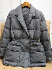 Winter Women White Duck Down Coat Female Notched Collar Double Breasted Coat Casual Lady Drawstring Puffer Outwear