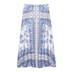 Women's Fashion Retro Vacation Style Blue Flower Printed High Waisted Skirt Boho Women Summer Skirt 2025 New Female Clothing