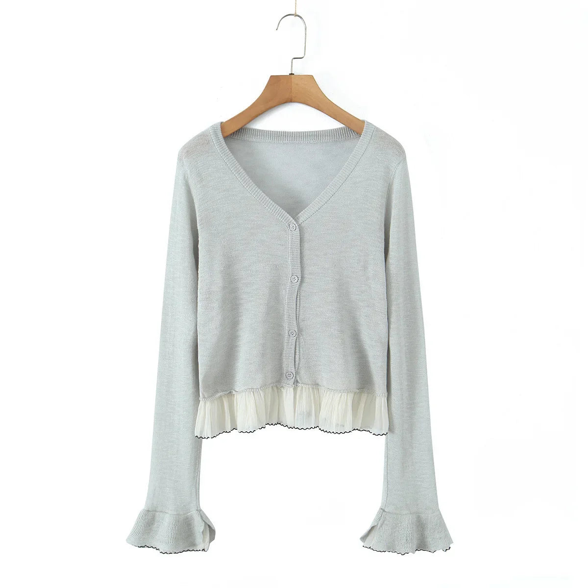 Patchwork Knitting Spring Summer Cardigan Top Women's V-neck Button Solid Casual Thin Jacket Flare Sleeve Ruffle All-match Coat