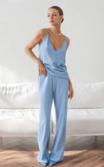 V-neck Camisole Top And Long Trouser Homewear Pajamas Two Piece Set Cotton Blend Blue Loose Vest + Wide Leg Pant Sets 2025 New