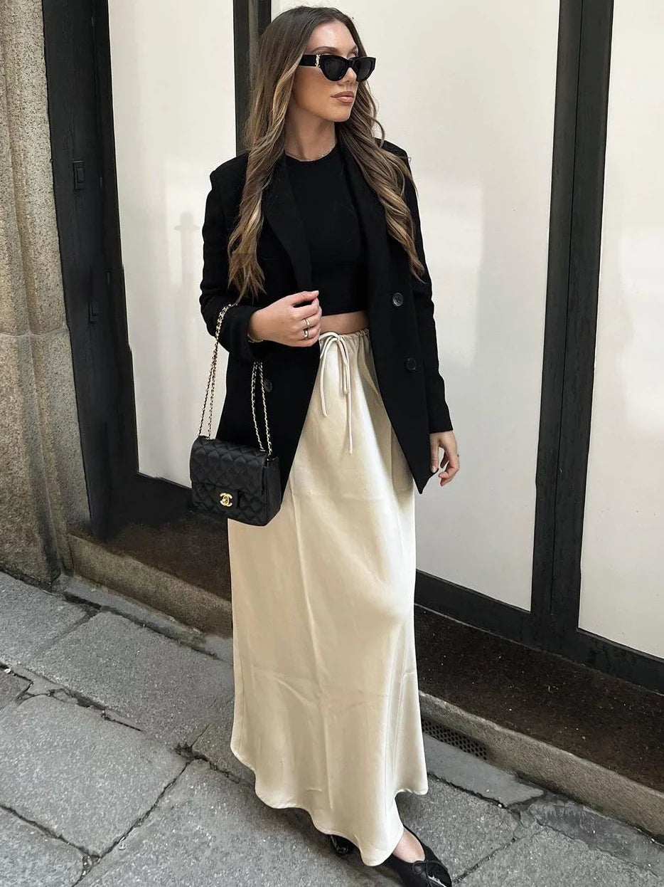 Lace-Up High Waist Fashion Long Skirt Women Drawstring Loose Casual Solid Patchwork Fashion Streetwear Female Maxi Skirt