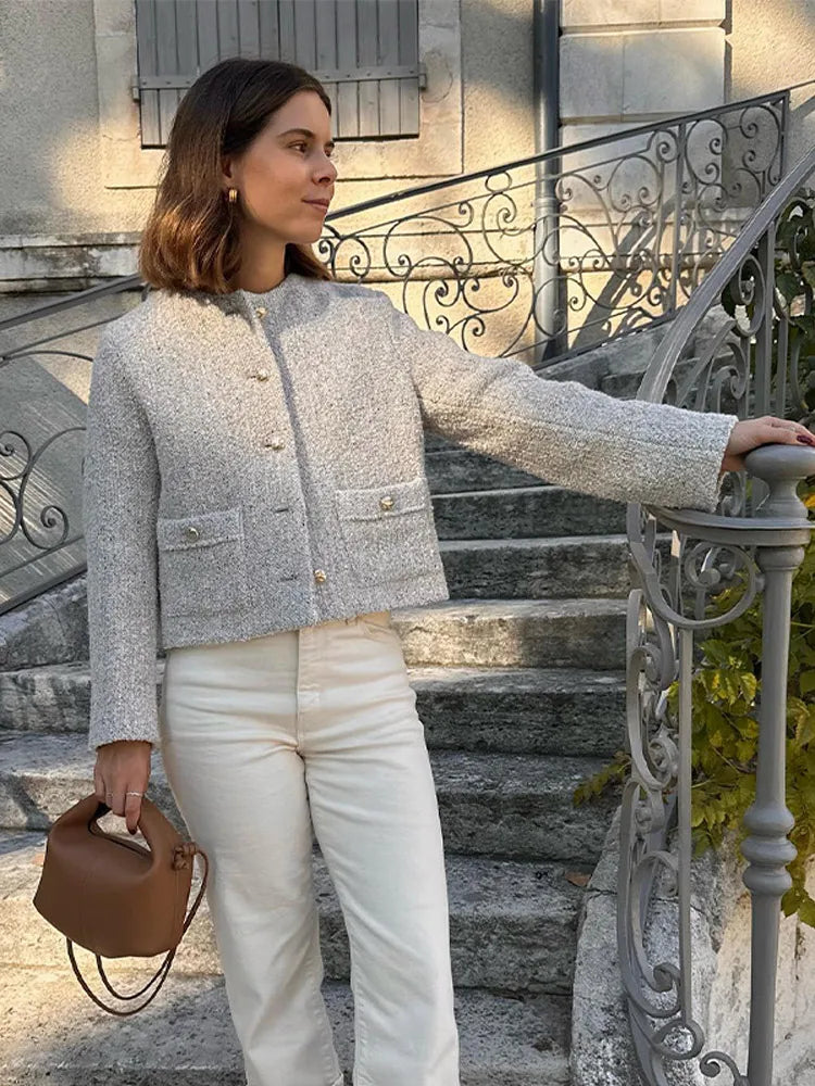Elegant Women's Coat Jacket Autumn Winter Tweed Long Sleeve Metal Button Streetwear Female O-neck Big Pocket Frayed Cropped Top