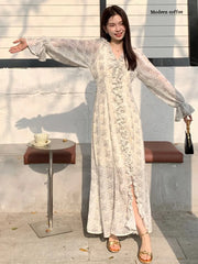 Korean Floral Print Sweet Long Dress 2025 New V-neck Ruffle Chic Spring Dress Lantern Sleeve Slit Fashion Vacation Summer Dress