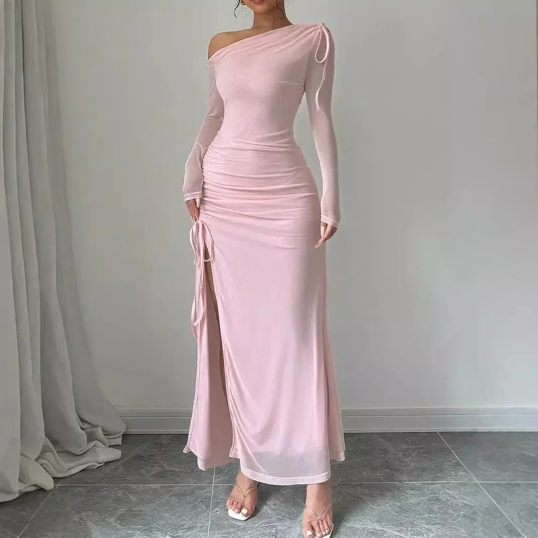 Autumn Long Sleeve Dress Women Pink Mesh Maxi Dress 2024 New Arrivals High Slit Bodycon Party Dresses Women