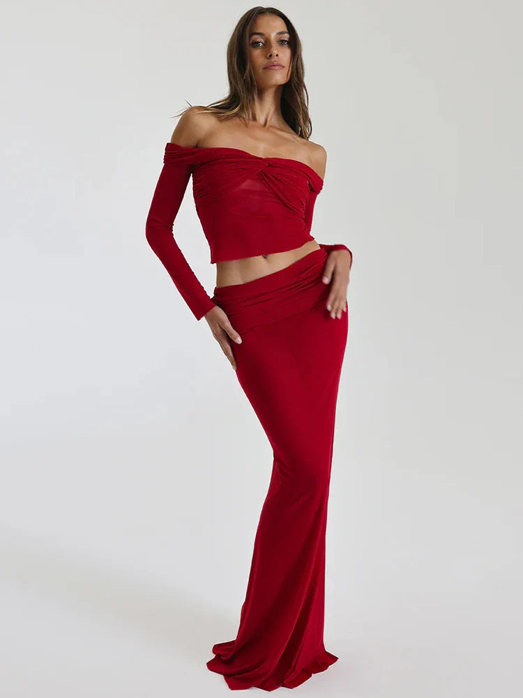 Fashion Skirt Two Piece Set For Women Off-shoulder Sheer Long Sleeve Crop Tops And Long Skirt Sexy Two Piece Sets