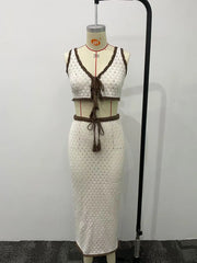 Hollow Out Sexy Knit Summer Outfits Vacation Beach Women Set Sleeveless Lace-up Vest And Long Skirt Fashion Two Piece Set
