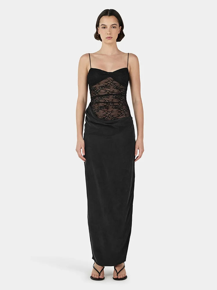 Lace Splice Long Spaghetti Strap Dress Female Backless High Slit Sexy Vacation Dress Elegant Sleeveless Women's Fashion