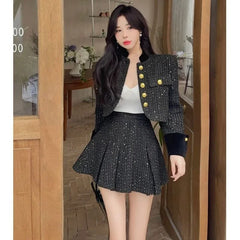 French Small Fragrance Suit Women Patched Plaid Coat Pleated Skirt Sweet Fresh Autumn Winter Round Neck Advanced Two Piece Set
