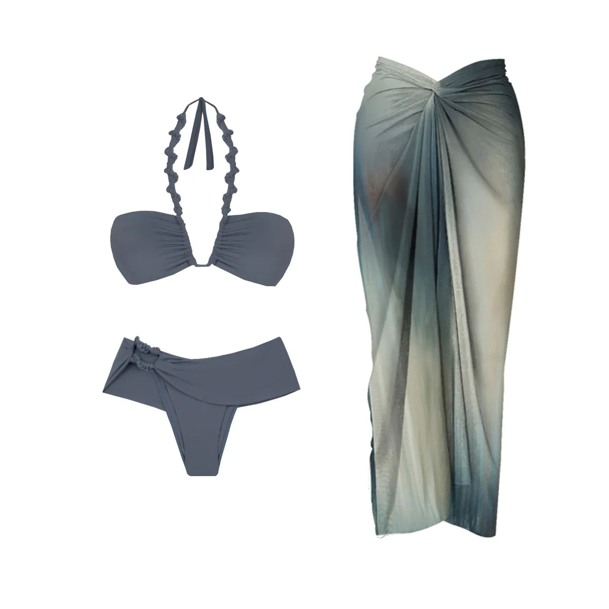 New 3Pcs Crochet Bikini With Long Skirt Sexy Swimsuit Women Swimwear Female Bandeau Biquini Swimming Suit Bodysuit Beachwear