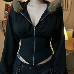Autumn Slim Waist Office Lady Zip Up Cardigan High Streert Harajuku Euramerican Punk Sweatshirts Y2k Aesthetic Japan Clothes