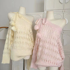 Sweet Sexy Hollow Out Knitted Pullover Women Off Shoulder Japanese Style Elegant Sweater Kawaii Lolita Lace Up Jumpers