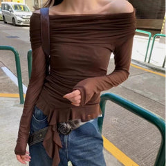 Fashion Sexy Off The Shoulder Slash Neck French Tops Y2k Harajuku Vintage American Slim Lrregular Design Clothing French Shirts