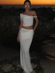 Solid Slim Long Skirt Suit For Women Slanted Shoulder Tank Top Sexy Ruched Splice High Waist Skirt Sets Summer New Ladies