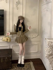 Women Two-piece College Style Short Stylish Suit Jacket with High Waist Slimming Pleated Skirt  Age Reducing Set/single Piece