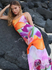 Elegant Print Off-shoulder Long Dress For Women Summer Backless Spaghetti Strap Party Club Beach Holiday Dresses
