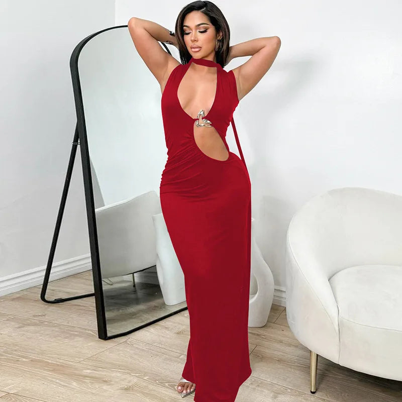 Hollow Out Halter Sexy Maxi Dress Women Summer New Metal Decoration Sleeveless Slim High Waist Long Dress Elegant