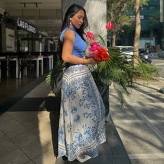 Women's Fashion Retro Vacation Style Blue Flower Printed High Waisted Skirt Boho Women Summer Skirt 2025 New Female Clothing