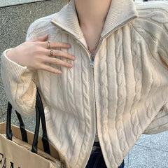 Winter Korean High Collar Twist Double Zipper Lapel Sweater Women's Personalized Retro Y2K Soft Waxy Stand Collar Sweater Jacket