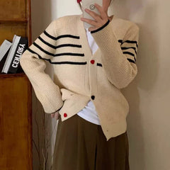 Striped Knit Cardigan Sweater with Heart-shape Button Front V-Neck Sweater Jacket Female Autumn Winter French Chic Cute Outfit