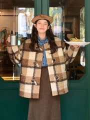 Vintage Faux Woolen Plaid Coat Women Fall Winter Long Sleeve Sweet Jacket Retro Preppy Style Korean Elegant O Neck New Tops