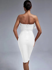 Red Bandage Dress Women Feather Party Dress Bodycon Elegant Midi Sexy Strapless Evening Birthday Club Outfits Summer