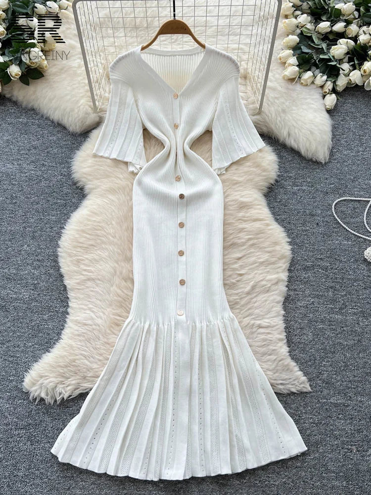 2025 Autumn Sweater Dress Female High Quality Button Design V Neck Solid French Style Elastic Knitted Women's Dress