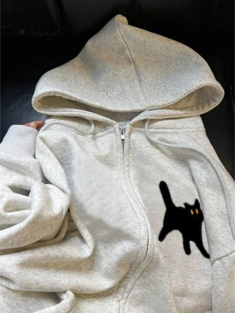 Korean Oversized Hoodie  Women's Clothing Print Hooded Zipper Long Sleeve Outwear Casual Fashion Y2k Sweatshirts Tops