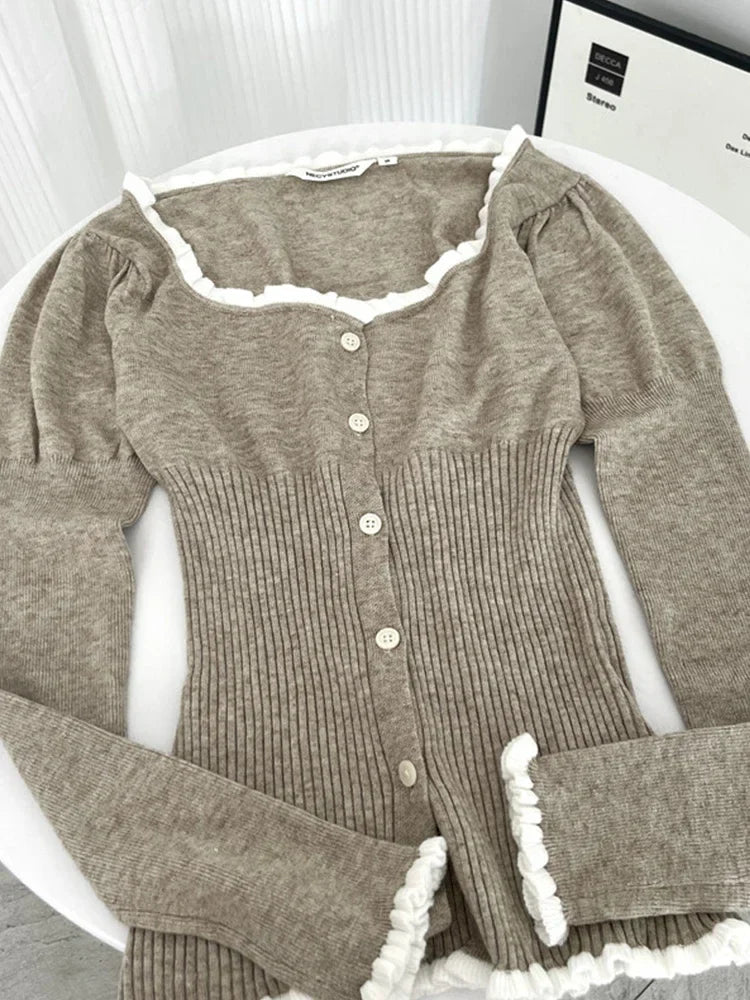 spring Woman Korean Fashion Long Sleeve Cardigan Tops 90s Vintage Sweaters Mori Girl Square Collar Lace Spliced Knitwears
