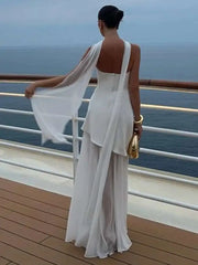 Elegant Strapless Sexy Maxi Dress For Women Gown With Scarf Off-shoulder Sleeveless Backless Split Beach Long Dress