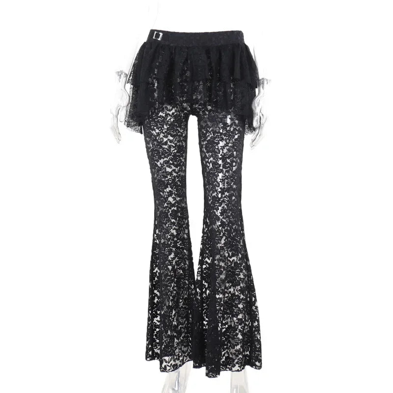 Hot Selling High Waist  Lace See-through Pants Sexy Versatile Irregular Fake Two-piece Skirt Pants for Women