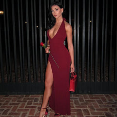 Halter V Neck Split Long Dress Gown Club Party Elegant Summer Outfits for Women Sexy Backless Maxi Dresses Vestido