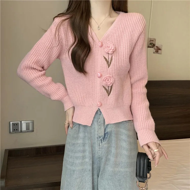 Flower Applique Knit Cardigan Autumn Winter Women Cardigan Sweater Coats Long Sleeve Crop Knitted Jackets Cute Outfit