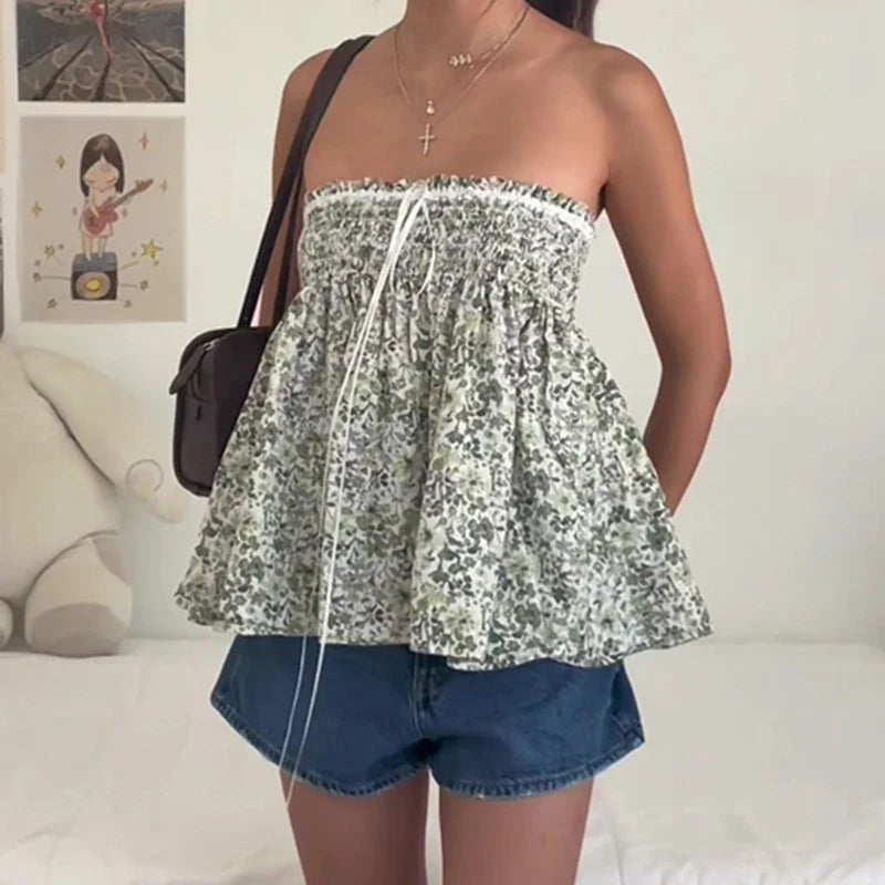 Floral Graphic Print Tube Tops Y2k Elastic Bust Strapless Flowy Camis Fairycore Sweet Cute Off Shoulder Backless Babydoll Vest