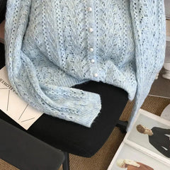 Women Knitted Cardigan Sweater Jacket Fashion Spring Autumn 2024 New Versatile Leisure Thin Style Hollowing Out Ladies Top Coat