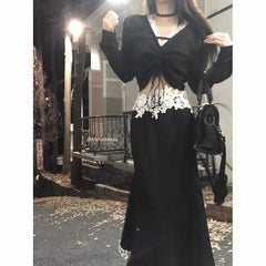 Gothic Harajuku Patchwork Lace V Neck Long Sleeve Tops Slim Fit Temperament Mermaid Long Skirts Y2k Vintage Girl Two Piece Sets