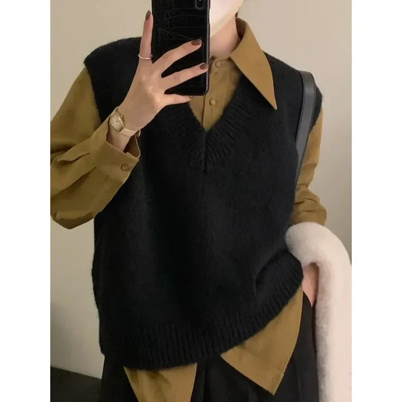 Women's Sweater Vest Sleeveless V-Neck Pullover Knitted Vest Top French Effortless Chic Knitwear Autumn Winter