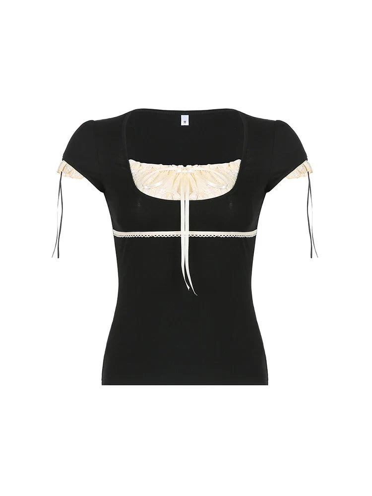 Sweet Y2K Contrast Lace Patchwork Square Collar Black T-Shirt Women Short Sleeve Basic Balletcore Cute Summer Tops