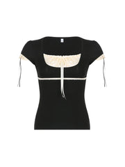 Sweet Y2K Contrast Lace Patchwork Square Collar Black T-Shirt Women Short Sleeve Basic Balletcore Cute Summer Tops
