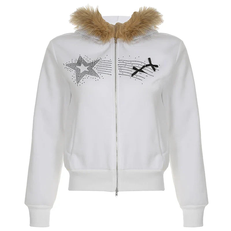 Fashion Trendy Y2k Women Hoodies Long Sleeve Stars Print Diamonds Zipper Fluffy Trim Hooded Autumn New Coat