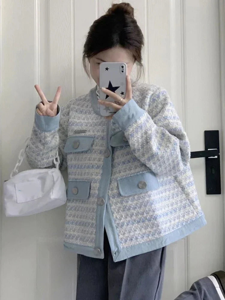 Fall Women Sweet Tweed Jacket Vintage Casual Long Sleeve Elegant Coat French Cute O Neck Women Fall Winter Retro Tops New