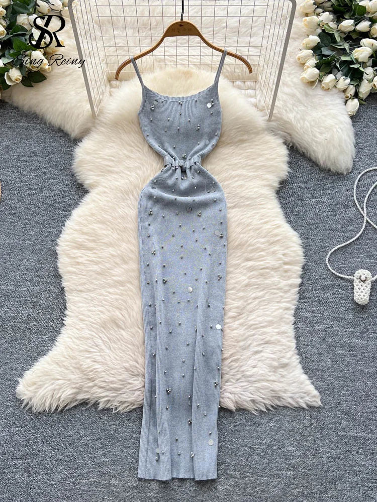 Sexy Knitting Split Long Dress Sleeveless Sequins Diamonds With Sashes Skinny Sundress 2025 Fashion Women Summer Dress