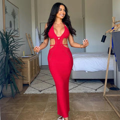 2025 New Pink Knit Sexy Log Dress Hollow Out Halter Neck Backless Chic Vacation Summer Dress Solid Tight Beach Dresses For Women