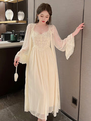 Autumn Lace Strap Dresses for Women Sweet Vintage Korean Style Long Party Dresses Elegant Casual Women's Dresses Designer
