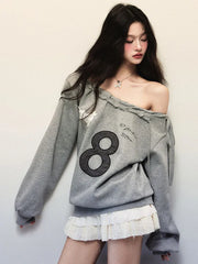 Y2K Streetwear Gray Sweatshirts Women Off Shoulder Loose Letter Pullovers Harajuku Retro Female Casual American Tops New
