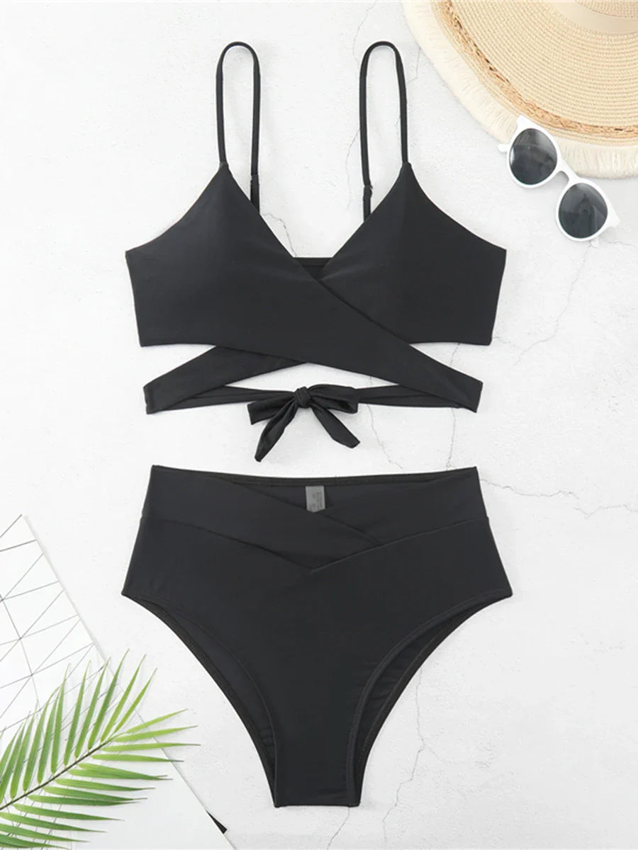 V Neck Cross String Two Piece High Waist Bikini Swimsuit Women Swimwear Female Bather Bathing Swimming Swim Suit Beachwear