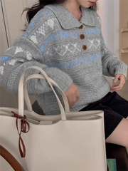 Retro Women Print Sweater Casual Korean Lazy Wind Sweet Knitted Jumpers Fall Winter Lady Long Sleeve Vintage Soft Pullover