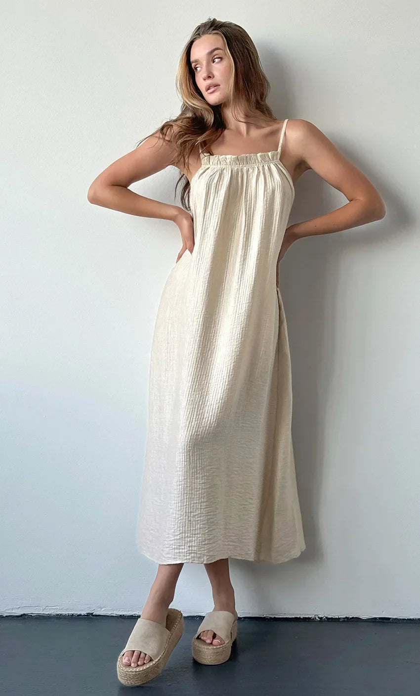 Backless Loose Kahki Pajamas 100% Cotton Casual Comfortable Long Dress Solid Color Homewear Sleepwear Summer Women Dresses