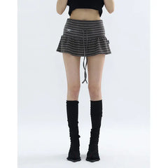 Japanese Style Striped Skirt Women Vintage Harajuku Lace Up Ruffle Mini Skirt Streetwear Grunge Summer Short Skirts