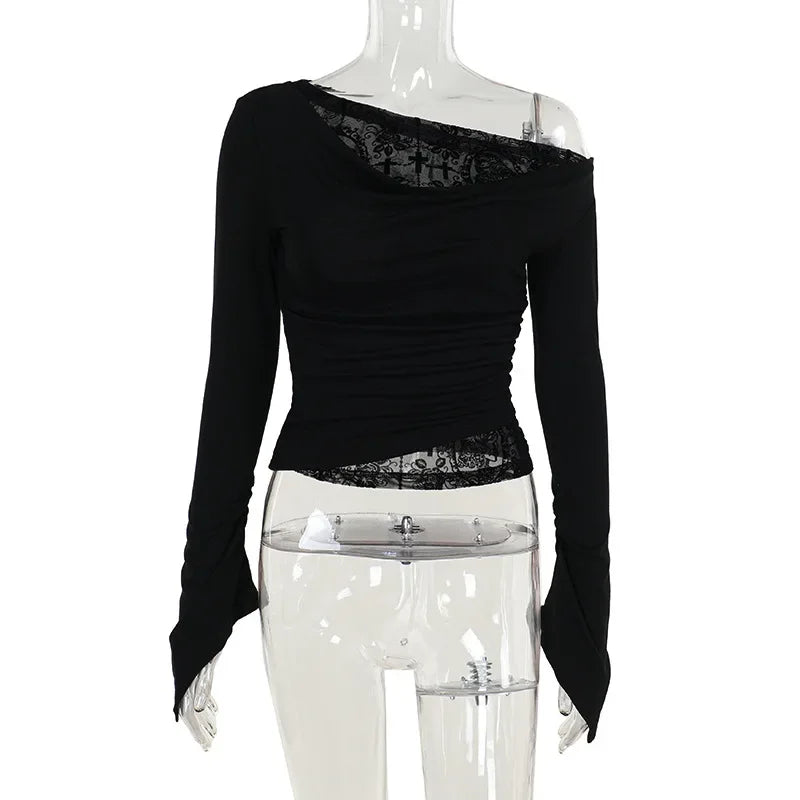 Autumn New Collection Gothic Style Sexy Slimming One-Shoulder Faux Fur Patchwork Long Sleeve Tops for Women
